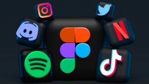 3D icons of popular social media and streaming platforms floating against a dark background. The logos include Instagram, Twitter, Discord, Figma, Spotify, Netflix, and TikTok, each brightly colored and displayed on cube-like shapes.