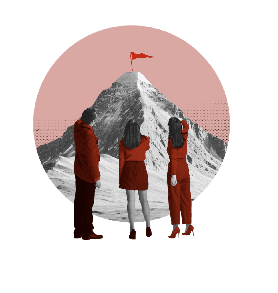 Three people in red clothing stand facing a snow-covered mountain with a red flag at the peak, symbolising the ambition and goals of a focussed leader.