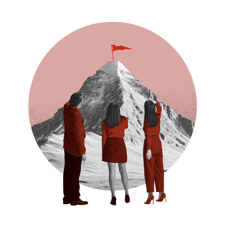 Three people in red clothing stand facing a snow-covered mountain with a red flag at the peak, symbolising the ambition and goals of a focussed leader.