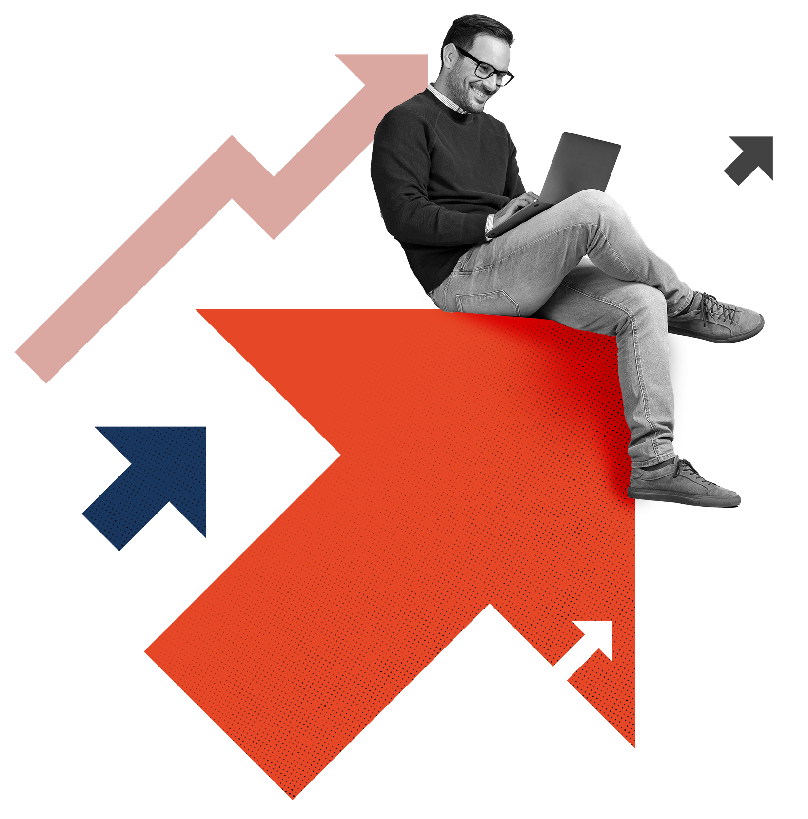 A person in casual attire, wearing glasses and using a laptop, is seated on a large ochre arrow pointing up. The image features several other arrows in different colors (rose, navy, and black), all pointing upward,