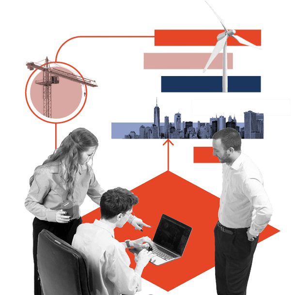 A collage-style illustration showing three people collaborating around a laptop, with visual elements including a crane, wind turbine, and city skyline connected by red lines.